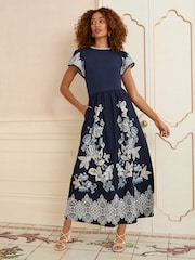 Love & Roses Navy and Ivory Floral Print Petite 2 in 1 Flutter Sleeve Jersey Midi Dress - Image 1 of 4