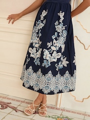 Love & Roses Navy and Ivory Floral Print Petite 2 in 1 Flutter Sleeve Jersey Midi Dress - Image 3 of 4