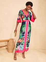 Love & Roses Flamingo Placement Print Petite V-Neck Batwing Jersey Maxi Dress - Image 1 of 5