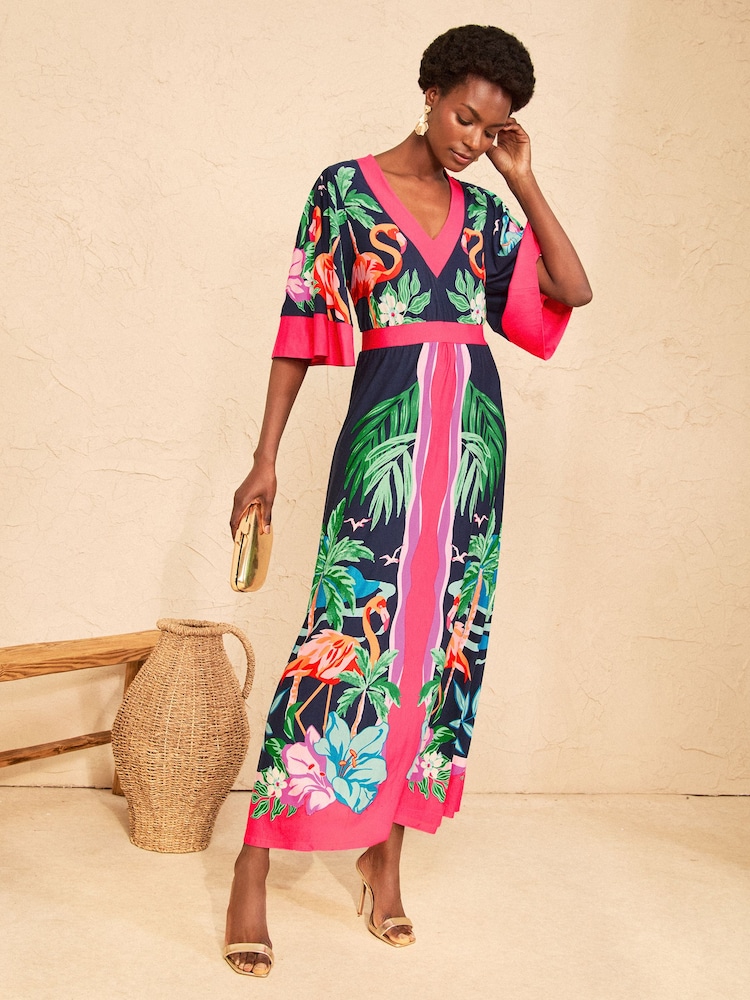 Love & Roses Flamingo Placement Print Petite V-Neck Batwing Jersey Maxi Dress - Image 1 of 5