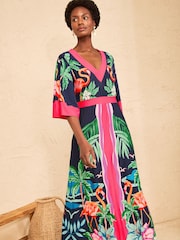 Love & Roses Flamingo Placement Print Petite V-Neck Batwing Jersey Maxi Dress - Image 3 of 5