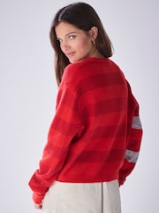 Red/Grey Multi Stripe Crew Neck Knitted Cardigan - Image 4 of 8
