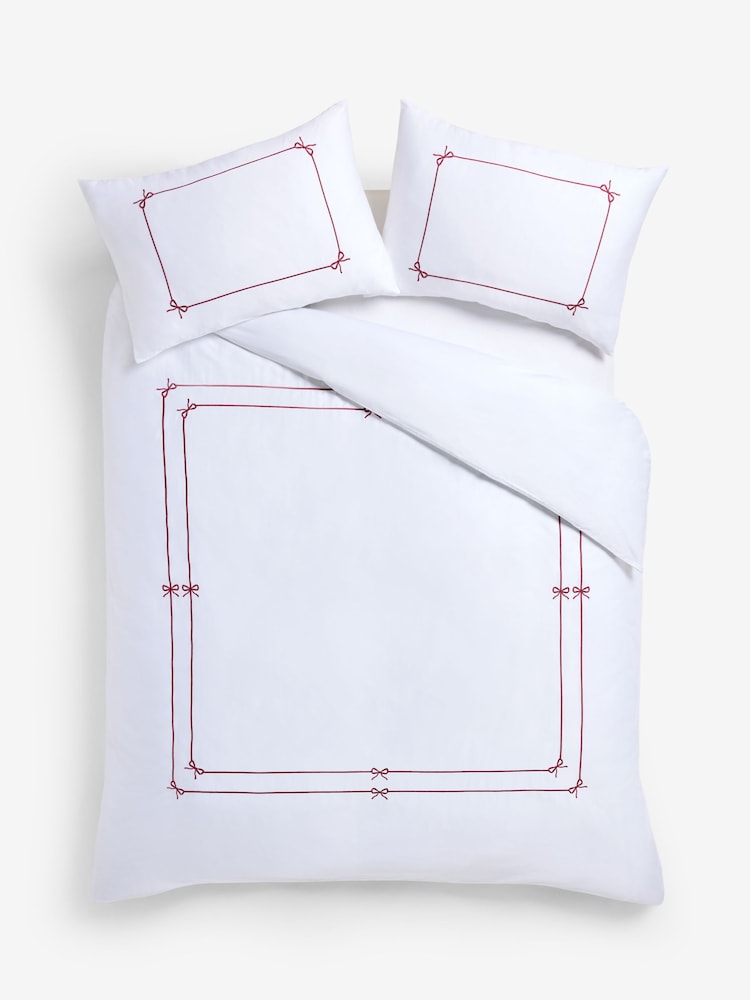 White/Red Bows Embroidery 200 Thread Count Sateen Duvet Cover and Pillowcase Set - Image 4 of 4 White/Red Bows Embroidery 200 Thread Count Sateen Duvet Cover and Pillowcase Set - Image 4 of 4