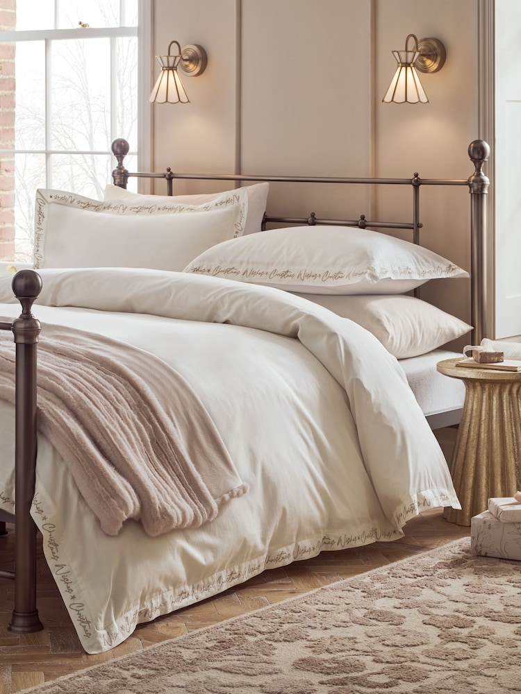 White Christmas Wishes Embroidery 200 Thread Count Sateen Duvet Cover and Pillowcase Set - Image 2 of 6 White Christmas Wishes Embroidery 200 Thread Count Sateen Duvet Cover and Pillowcase Set - Image 2 of 6