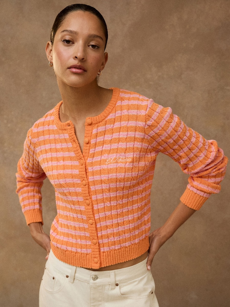Pink/Orange Stripe Slim Cable Knit Towelling Cardigan - Image 1 of 7 Pink/Orange Stripe Slim Cable Knit Towelling Cardigan - Image 1 of 7