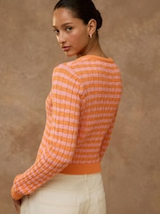 Pink/Orange Stripe Slim Cable Knit Towelling Cardigan - Image 3 of 7