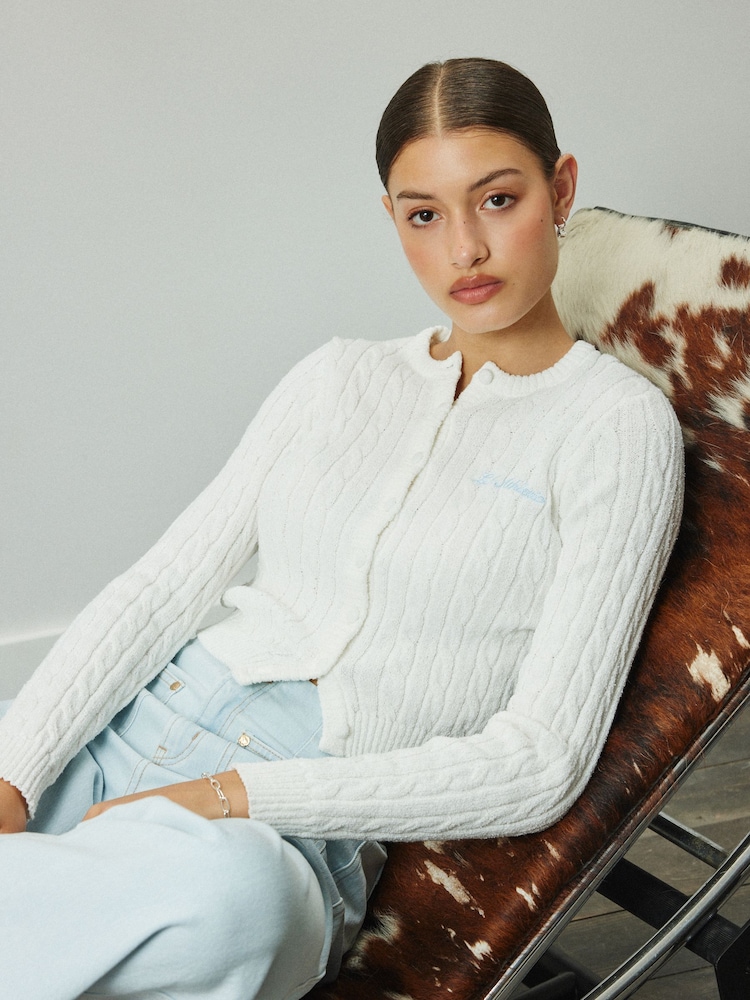 White Slim Cable Knit Towelling Cardigan - Image 1 of 7