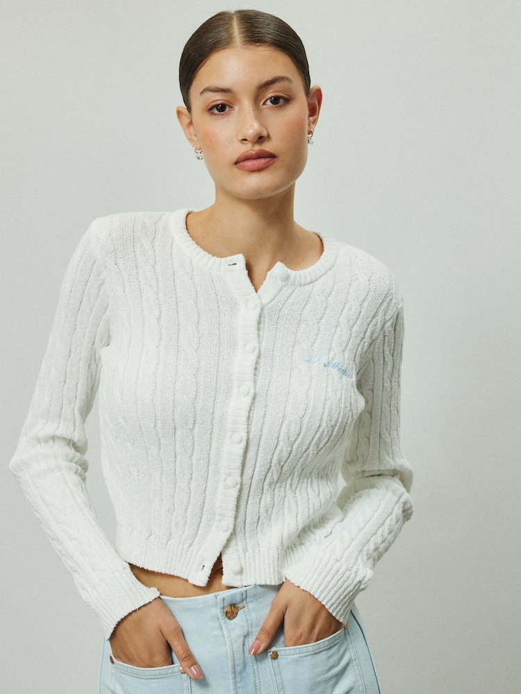 White Slim Cable Knit Towelling Cardigan - Image 2 of 7