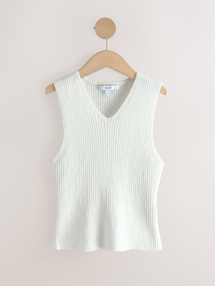 White Towelling Knit V-Neck Vest Top - Image 1 of 3