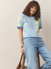 Blue/Yellow Gingham Frill Trim Short Sleeve Top - Image 4 of 7