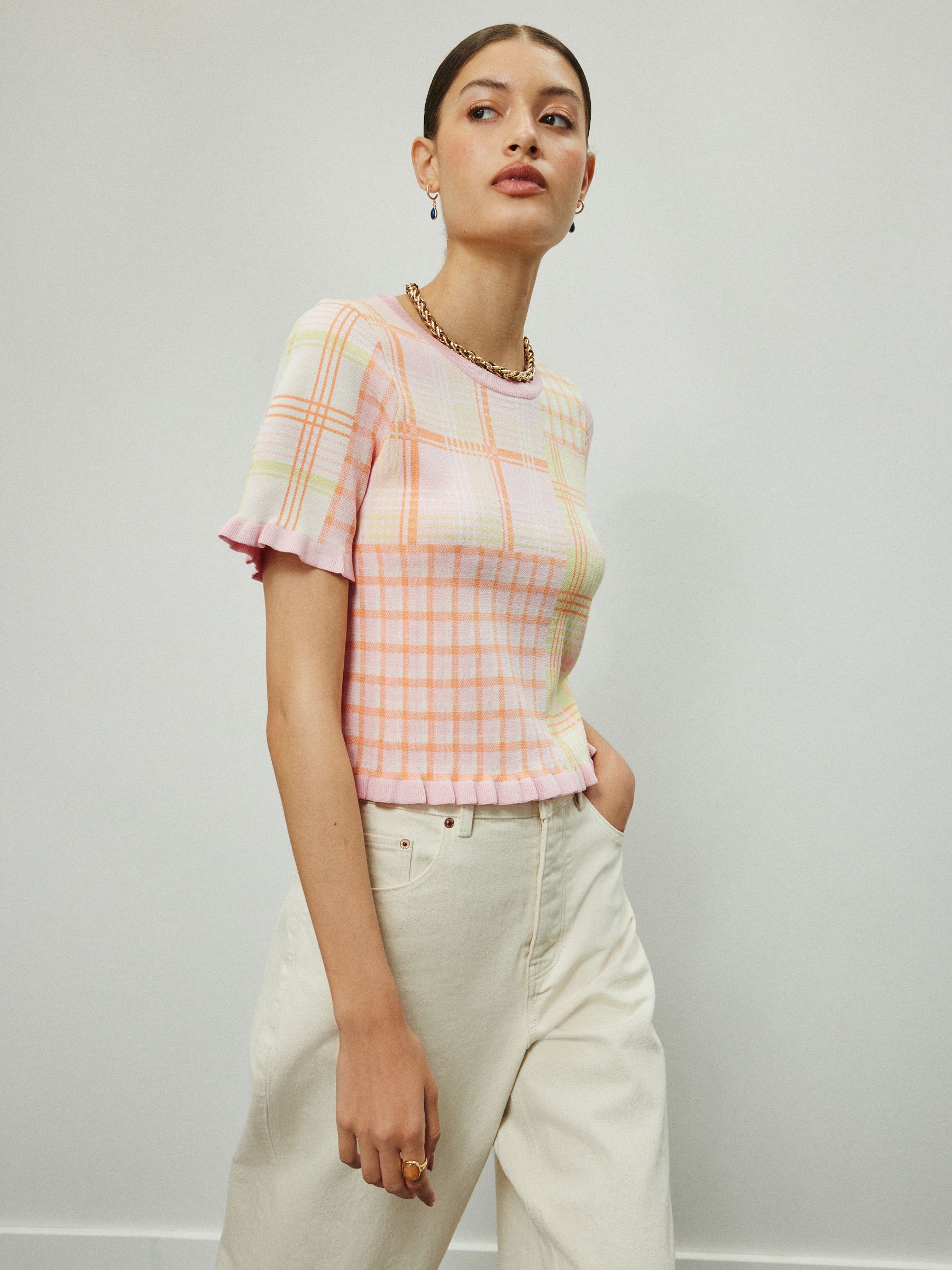 トップス RT-5058923504 Buy Pink/Orange Gingham Frill Trim Short Sleeve Top from Next USA