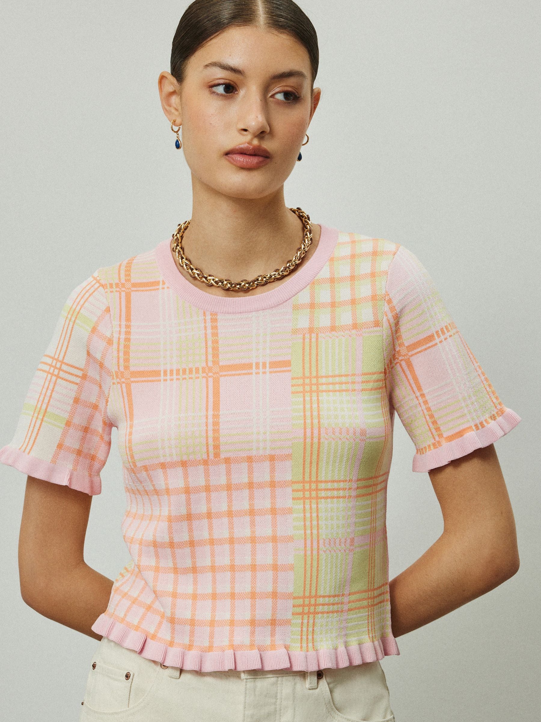Buy Pink/Orange Gingham Frill Trim Short Sleeve Top from Next USA
