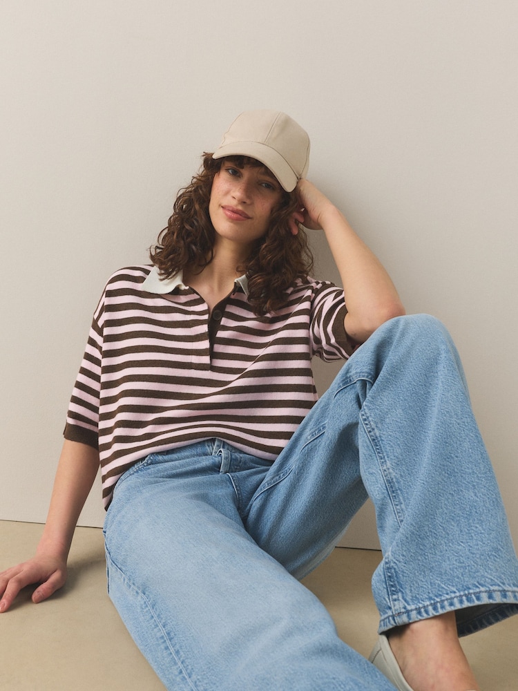 Chocolate Brown/Pink Stripe Supersoft Short Sleeve Knitted Polo Top - Image 1 of 7