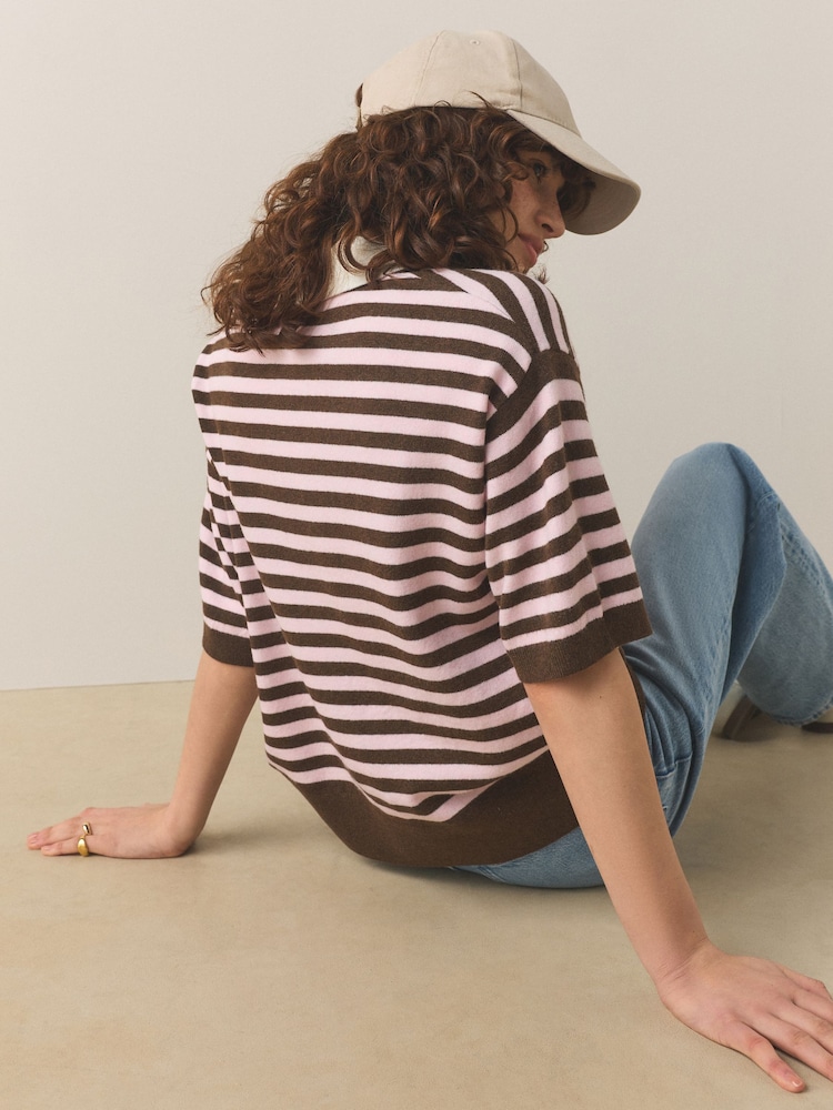 Chocolate Brown/Pink Stripe Supersoft Short Sleeve Knitted Polo Top - Image 2 of 7