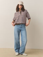 Chocolate Brown/Pink Stripe Supersoft Short Sleeve Knitted Polo Top - Image 3 of 7