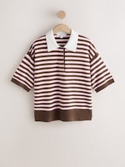 Chocolate Brown/Pink Stripe Supersoft Short Sleeve Knitted Polo Top - Image 5 of 7