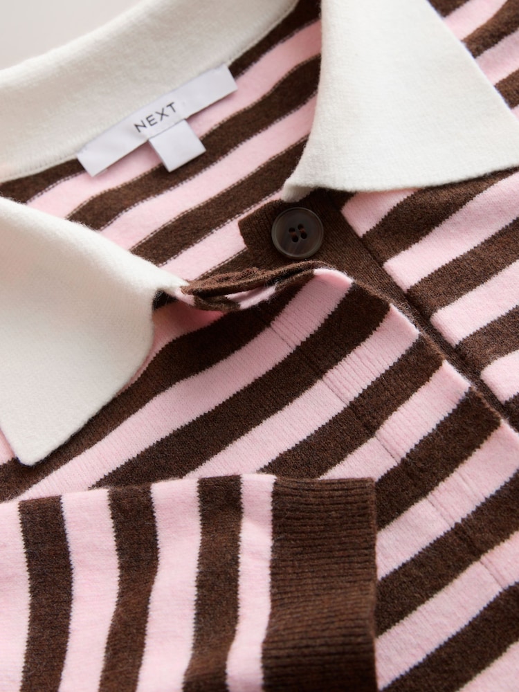 Chocolate Brown/Pink Stripe Supersoft Short Sleeve Knitted Polo Top - Image 7 of 7