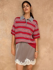 Red/Grey Stripe Supersoft Short Sleeve Knitted Polo Top - Image 1 of 7
