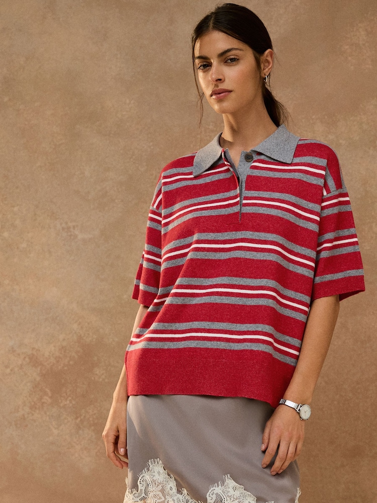 Red/Grey Stripe Supersoft Short Sleeve Knitted Polo Top - Image 2 of 7
