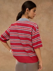 Red/Grey Stripe Supersoft Short Sleeve Knitted Polo Top - Image 3 of 7