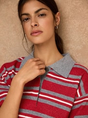 Red/Grey Stripe Supersoft Short Sleeve Knitted Polo Top - Image 4 of 7