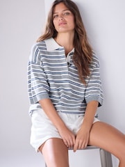 Grey/Blue Stripe Supersoft Short Sleeve Knitted Polo Top - Image 1 of 7