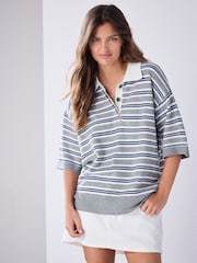 Grey/Blue Stripe Supersoft Short Sleeve Knitted Polo Top - Image 2 of 7