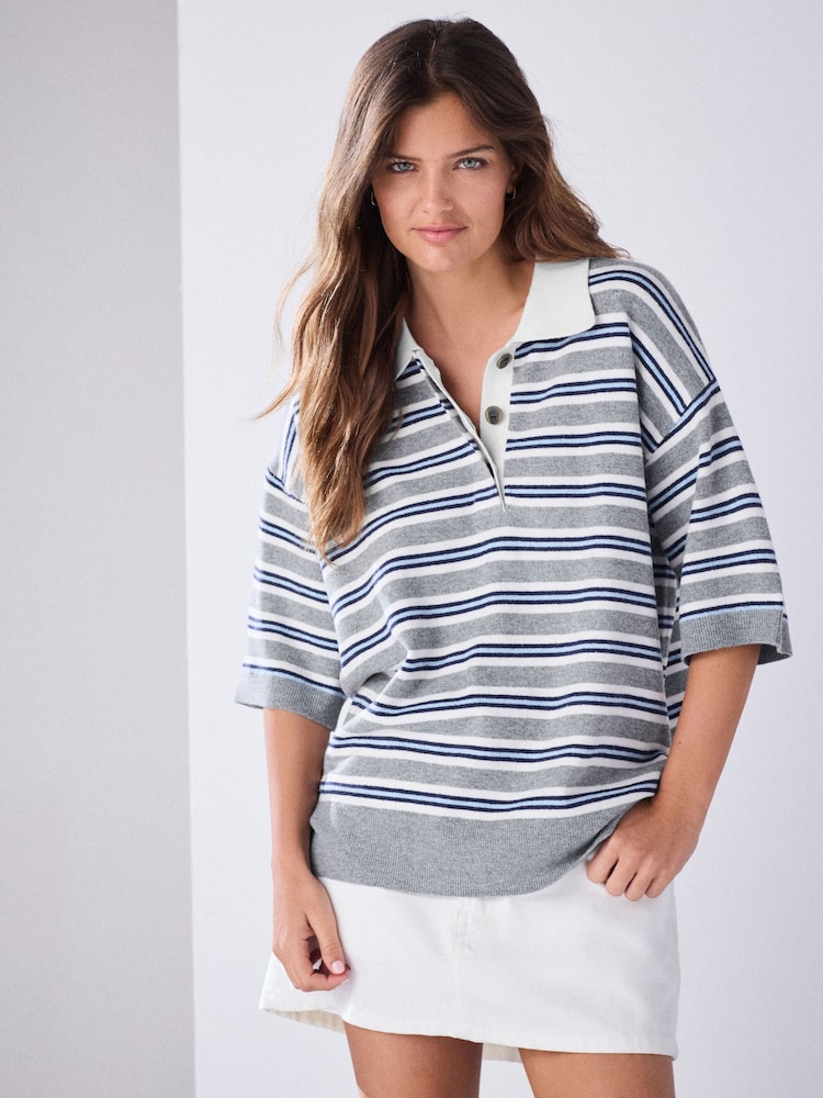 Grey/Blue Stripe Supersoft Short Sleeve Knitted Polo Top - Image 2 of 7