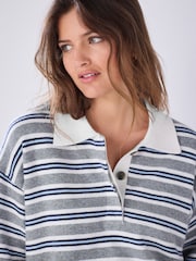 Grey/Blue Stripe Supersoft Short Sleeve Knitted Polo Top - Image 3 of 7