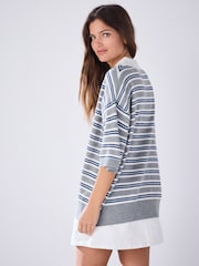 Grey/Blue Stripe Supersoft Short Sleeve Knitted Polo Top - Image 4 of 7