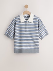 Grey/Blue Stripe Supersoft Short Sleeve Knitted Polo Top - Image 5 of 7