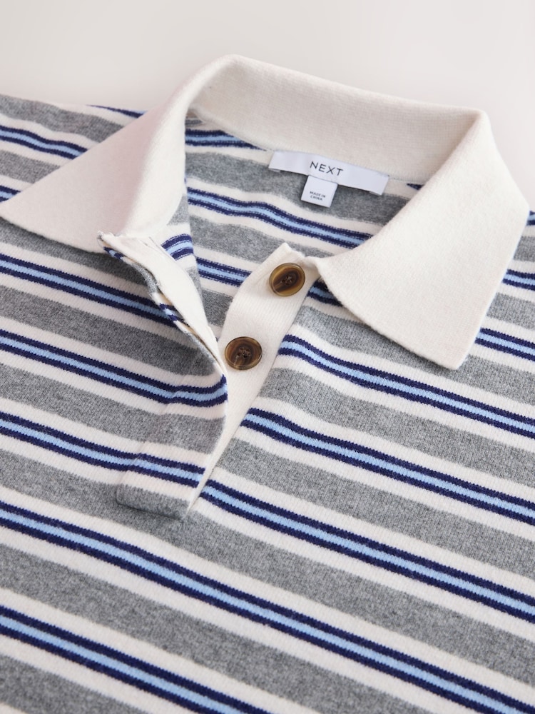 Grey/Blue Stripe Supersoft Short Sleeve Knitted Polo Top - Image 7 of 7