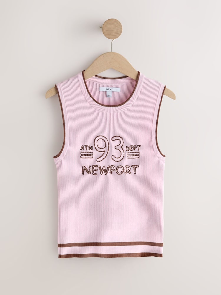 Pink/Chocolate Brown Embroidery Ribbed Vest Top - Image 1 of 3