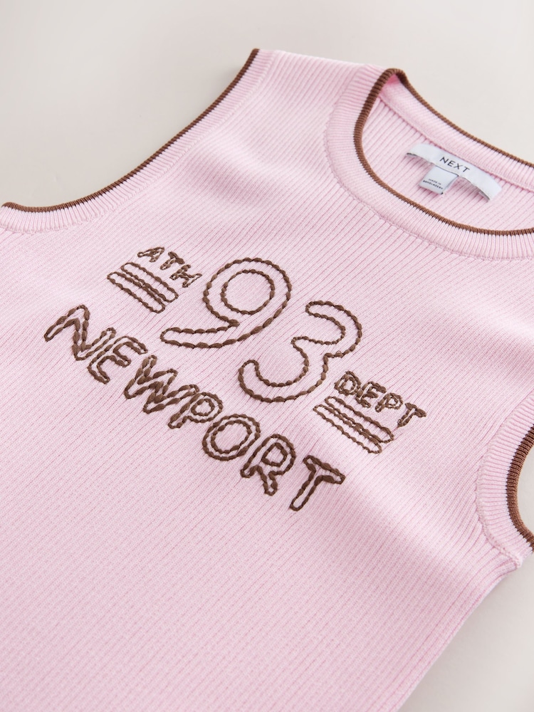 Pink/Chocolate Brown Embroidery Ribbed Vest Top - Image 3 of 3