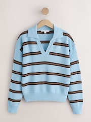 Blue/Brown Stripe Stitch Long Sleeve Polo Jumper - Image 1 of 3