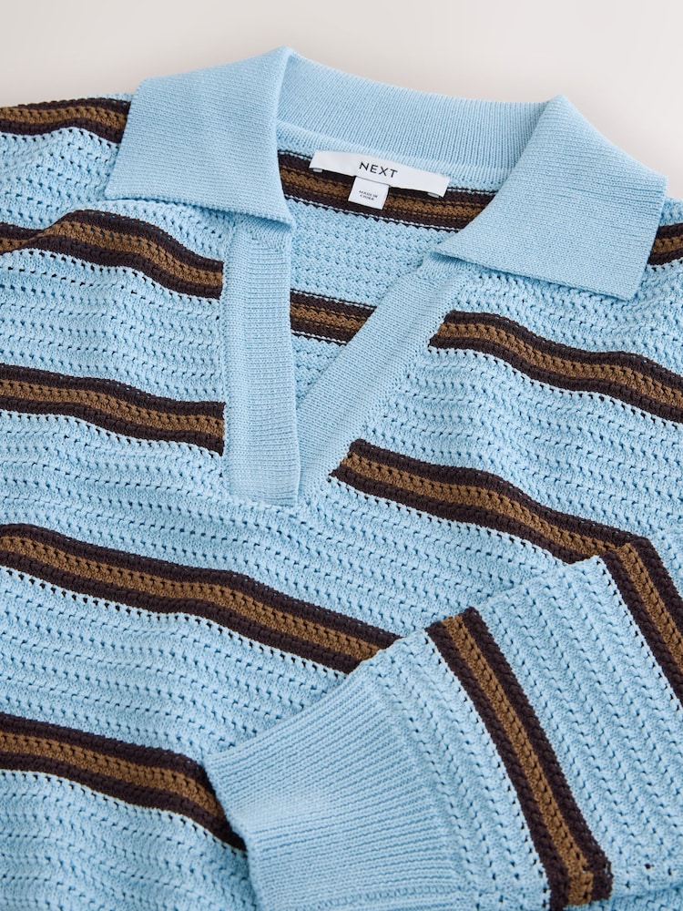 Blue/Brown Stripe Stitch Long Sleeve Polo Jumper - Image 3 of 3