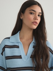 Blue/Brown Stripe Stitch Long Sleeve Polo Jumper - Image 4 of 8