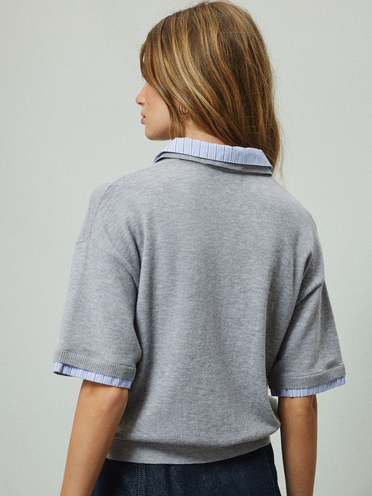 灰色條紋 - Short Sleeve Layered Polo Top - 圖片 2/2
