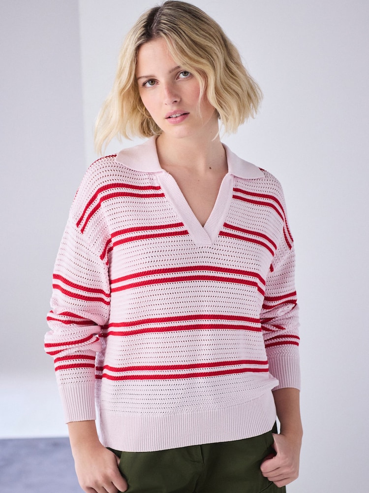 Pink/Red Stripe Stitch Long Sleeve Polo Jumper - Image 1 of 8
