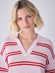 Pink/Red Stripe Stitch Long Sleeve Polo Jumper - Image 5 of 8