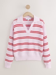 Pink/Red Stripe Stitch Long Sleeve Polo Jumper - Image 6 of 8