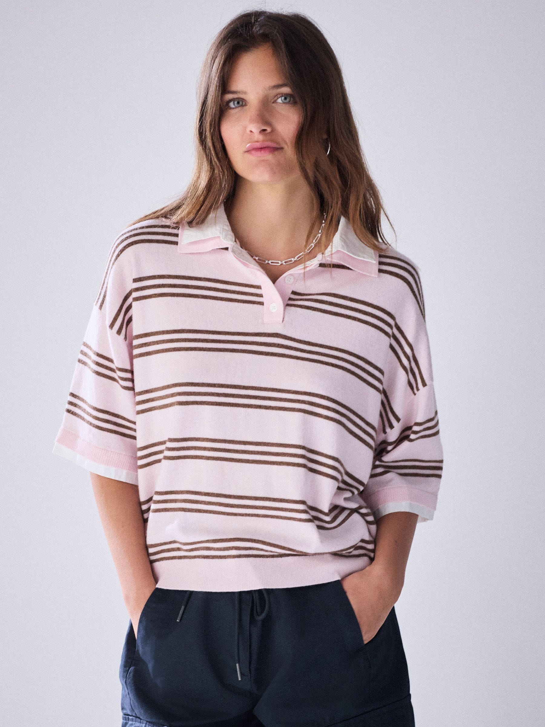 Buy Pink/Chocolate Brown Stripe Short Sleeve Layered Polo Top from