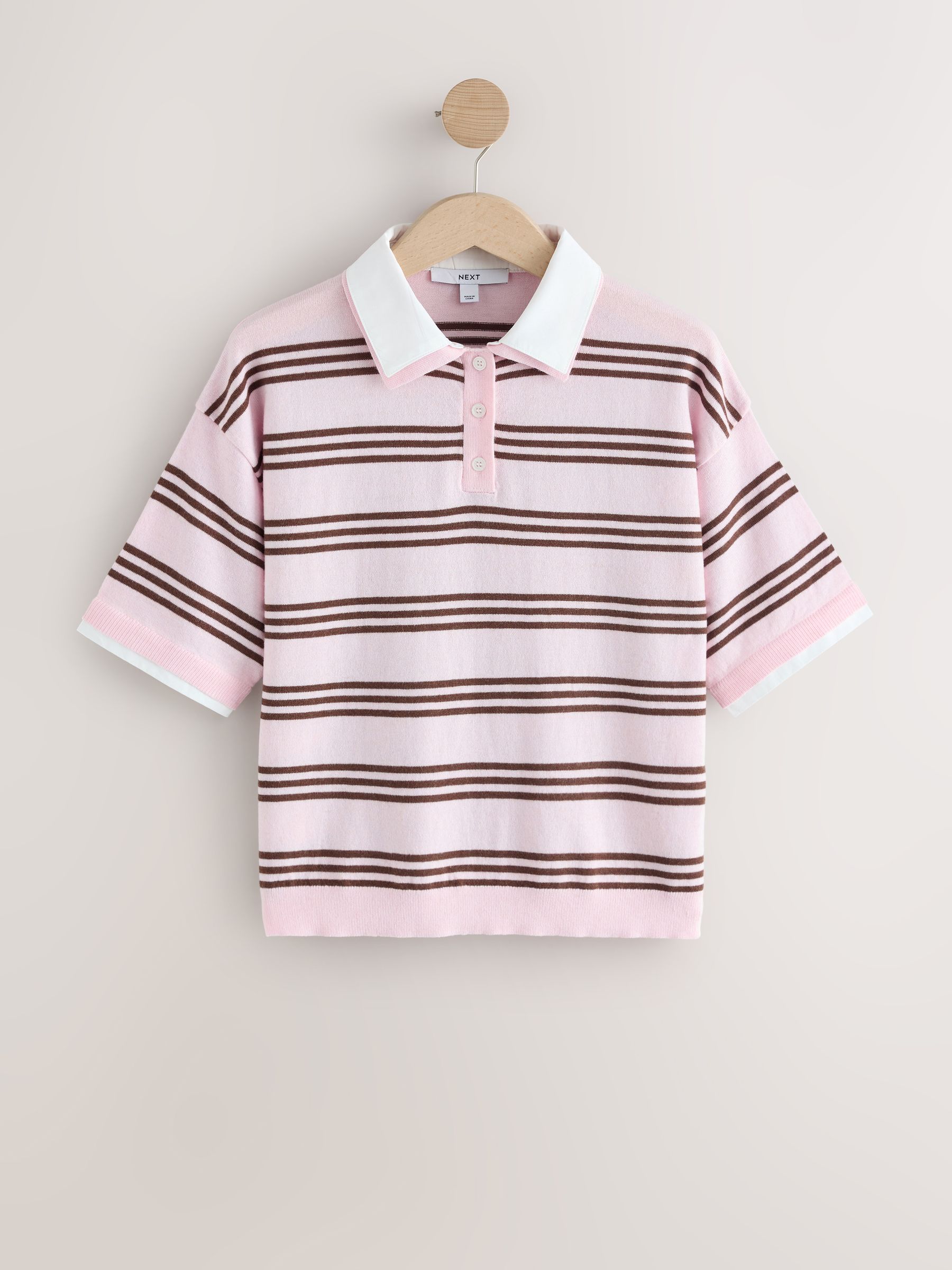 Buy Pink/Chocolate Brown Stripe Short Sleeve Layered Polo Top from