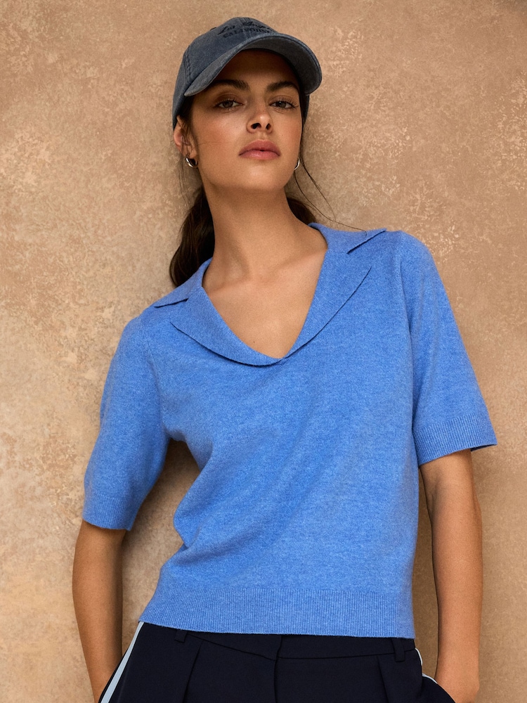 Blue Supersoft Short Sleeve Open Neck Polo Top - Image 1 of 7 Blue Supersoft Short Sleeve Open Neck Polo Top - Image 1 of 7