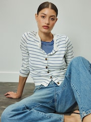 米麻色／海軍藍色條紋 - Soft Touch Cotton Rich Open Layer Cardigan - 圖片 1/7
