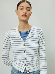 米麻色／海軍藍色條紋 - Soft Touch Cotton Rich Open Layer Cardigan - 圖片 2/7