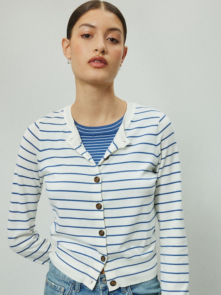 米麻色／海軍藍色條紋 - Soft Touch Cotton Rich Open Layer Cardigan - 圖片 2/7