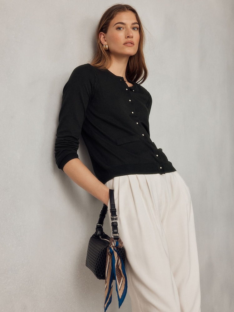 Black Soft Touch Cotton Rich Crew Neck Cardigan - Image 1 of 7