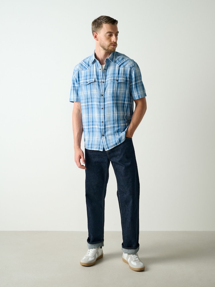 Indigo Blue Check Western Styling Short Sleeve Shirt - Image 2 of 5