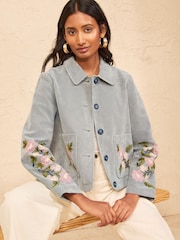 Love & Roses Blue Suedette Jacket With Floral Embroidery - Image 1 of 5
